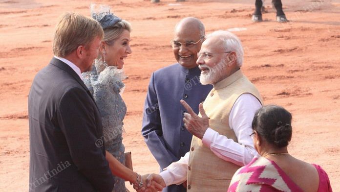 Prime Minister Modi and President Kovind receive King Willem-Alexander and Queen Maxima at Rashtrapati Bhavan | Photo: Praveen Jain | ThePrint