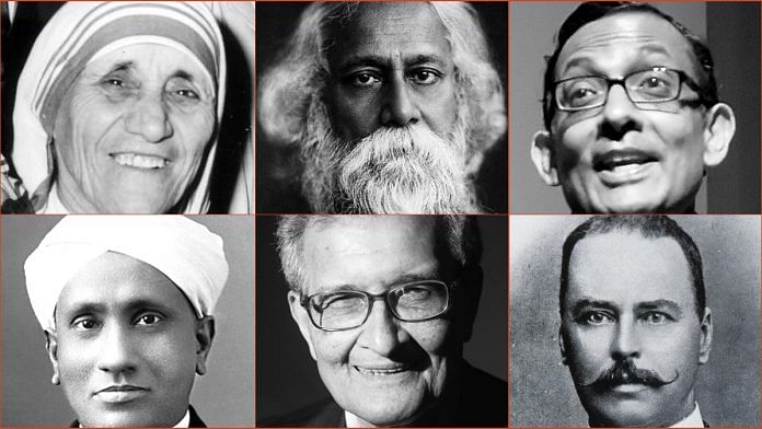 (L-R from top): Mother Teresa, Rabindranath Tagore, Abhijit Banerjee, Amartya Sen, Ronald Ross | ThePrint