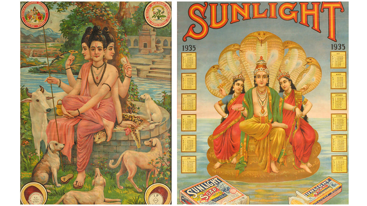 Raja Ravi Varma's paintings used for the British Alizarine Company Ltd (left) and Sunlight Soap's calendar poster of 1935