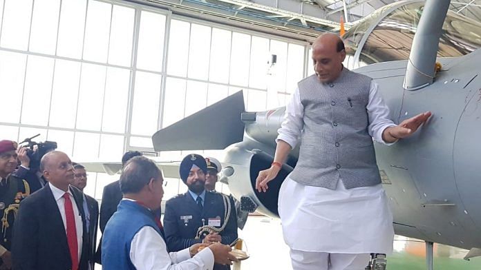 Defence Minister Rajnath Singh with the Rafale fighter jet (representational image) | Photo: Twitter