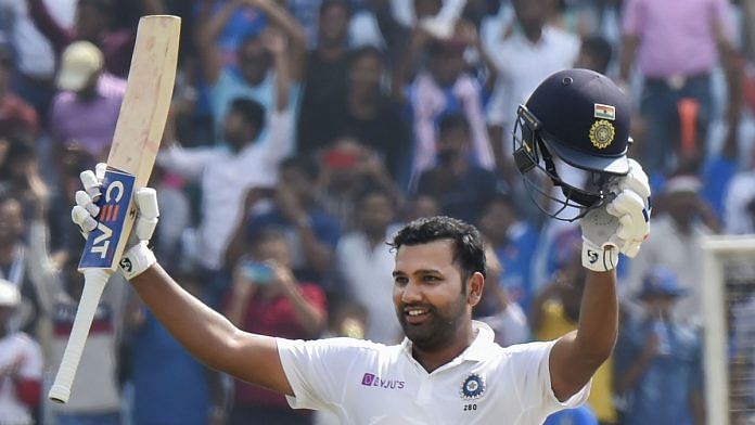India's Rohit Sharma celebrates his double century during 2nd day of the 3rd cricket test match against South Africa at JSCA Stadium in Ranchi. | PTI