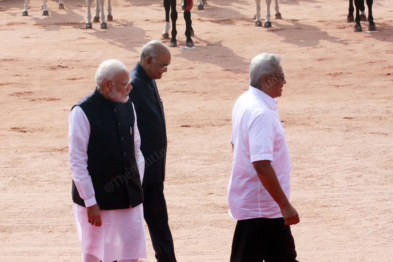 PM Narendra Modi (left) and President Ram Nath Kovind (centre) receive Sri Lankan President Gotabaya Rajapaksa (right) at Rashtrapati Bhavan | Photo: Praveen Jain | ThePrint