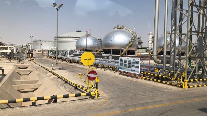 Water treatment plants in Saudi Aramco's Abqaiq crude processing unit. The round-shaped units, called 'spheroids', were attacked by missiles on 14 September