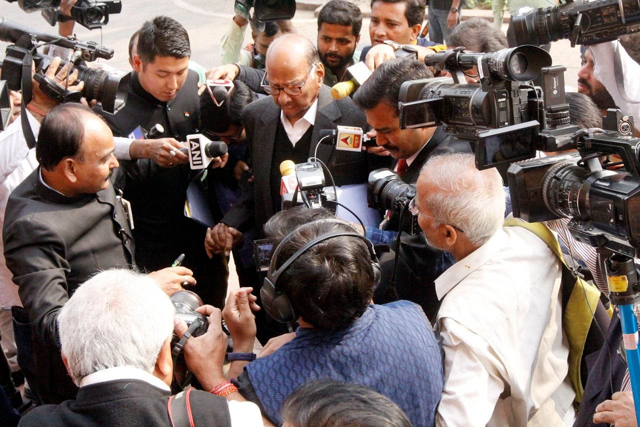 NCP chief Sharad Pawar outside Parliament on 21 November. The party chief claimed he was unaware of nephew Ajit lending support to the BJP | Photo: Praveen Jain | ThePrint