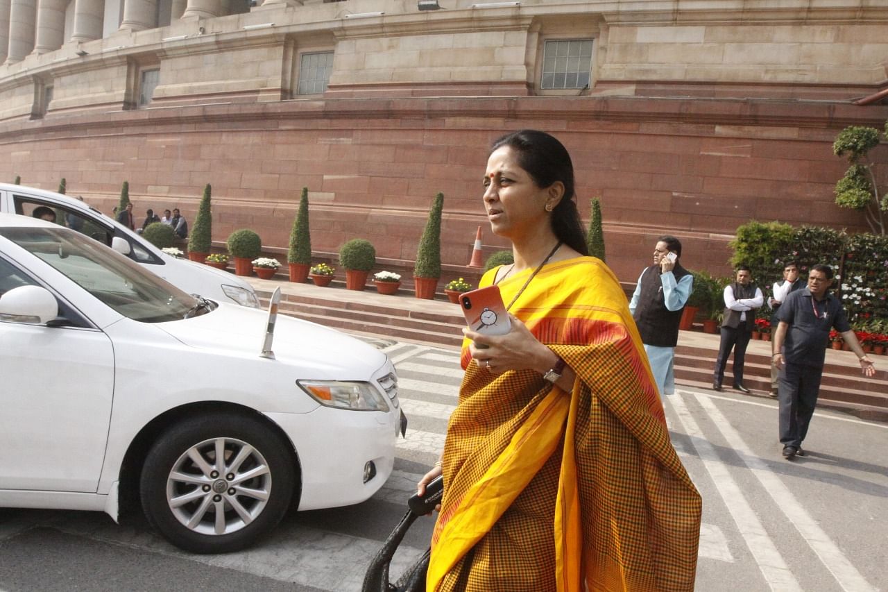 Sharad Pawar's daughter, Supriya Sule outside Parliament on 21 November. After the overnight coup Sule said, 'party & family split' | Photo: Praveen Jain
