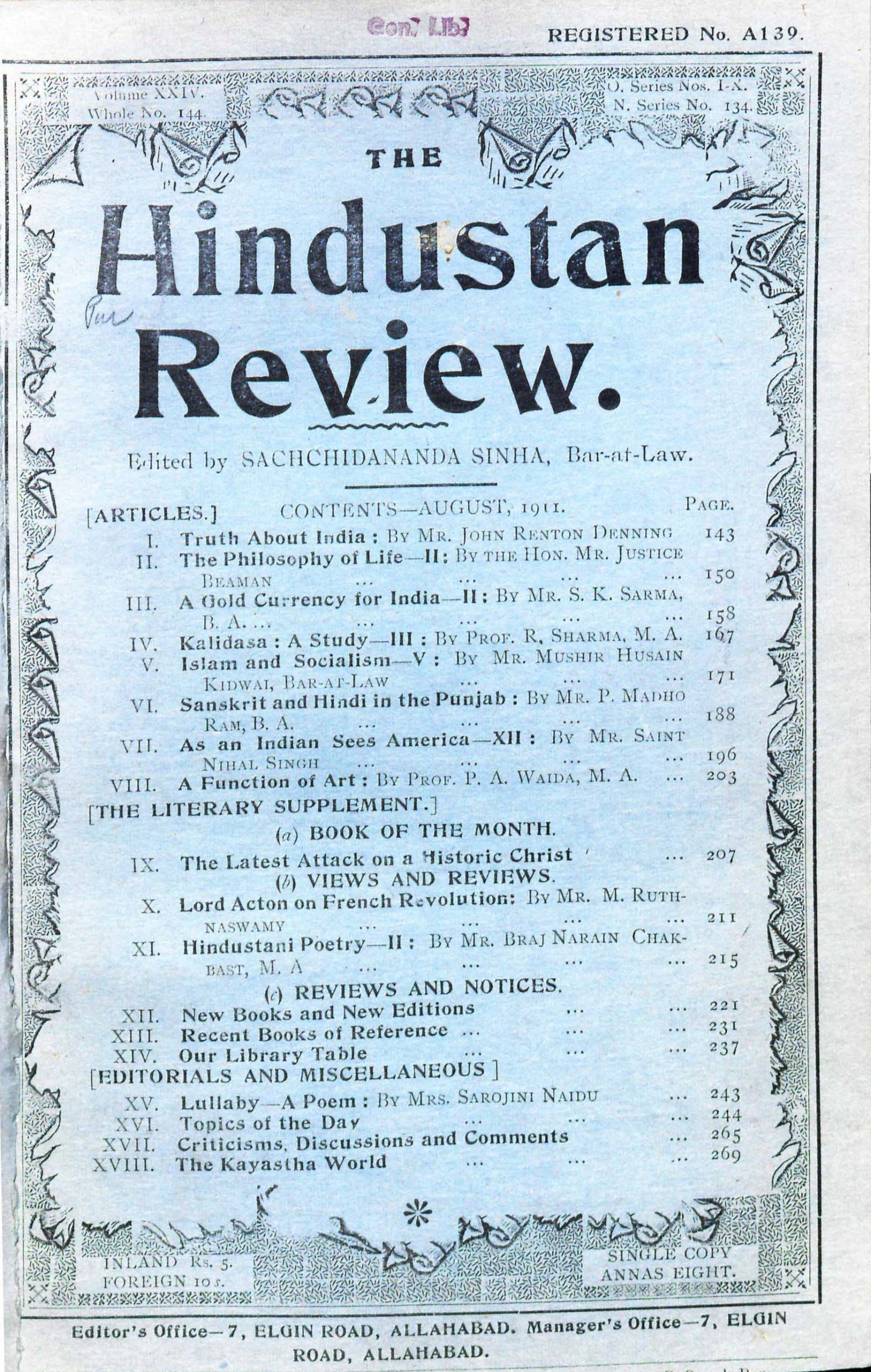 Hindustan Review, Vol 24, 1911 (August)