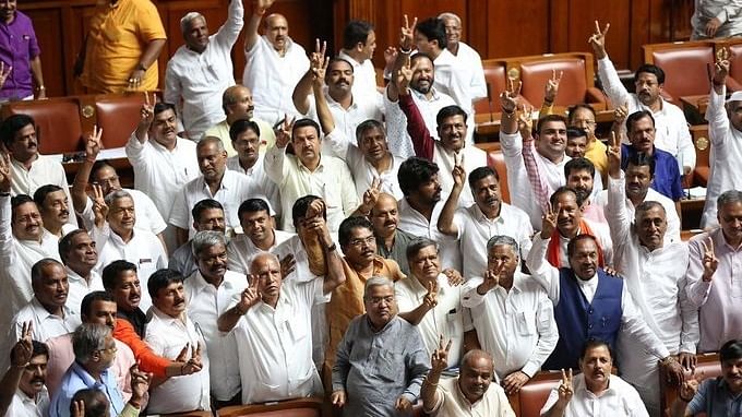 File photo of BJP MLAs in Vidhana Soudha. Altogether, six of the politicians caught in the scandal belong to the BJP and two to the Congress, say police. | Twitter: @BJP4Karnataka
