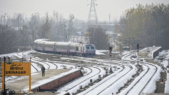 A train arrives at a station after rail services resumed, in Srinagar on 12 November