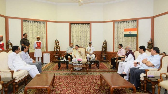 NCP leaders Ajit Pawar, Dhananjay Munde and others meet Maharashtra Governor B S Koshyari, at Raj Bhavan in Mumbai