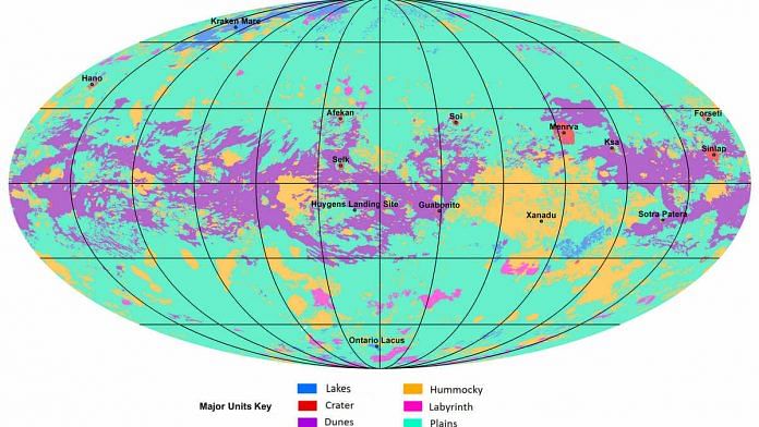 Annotated image of the first global map of Titan | NASA/JPL/Caltech/ASU