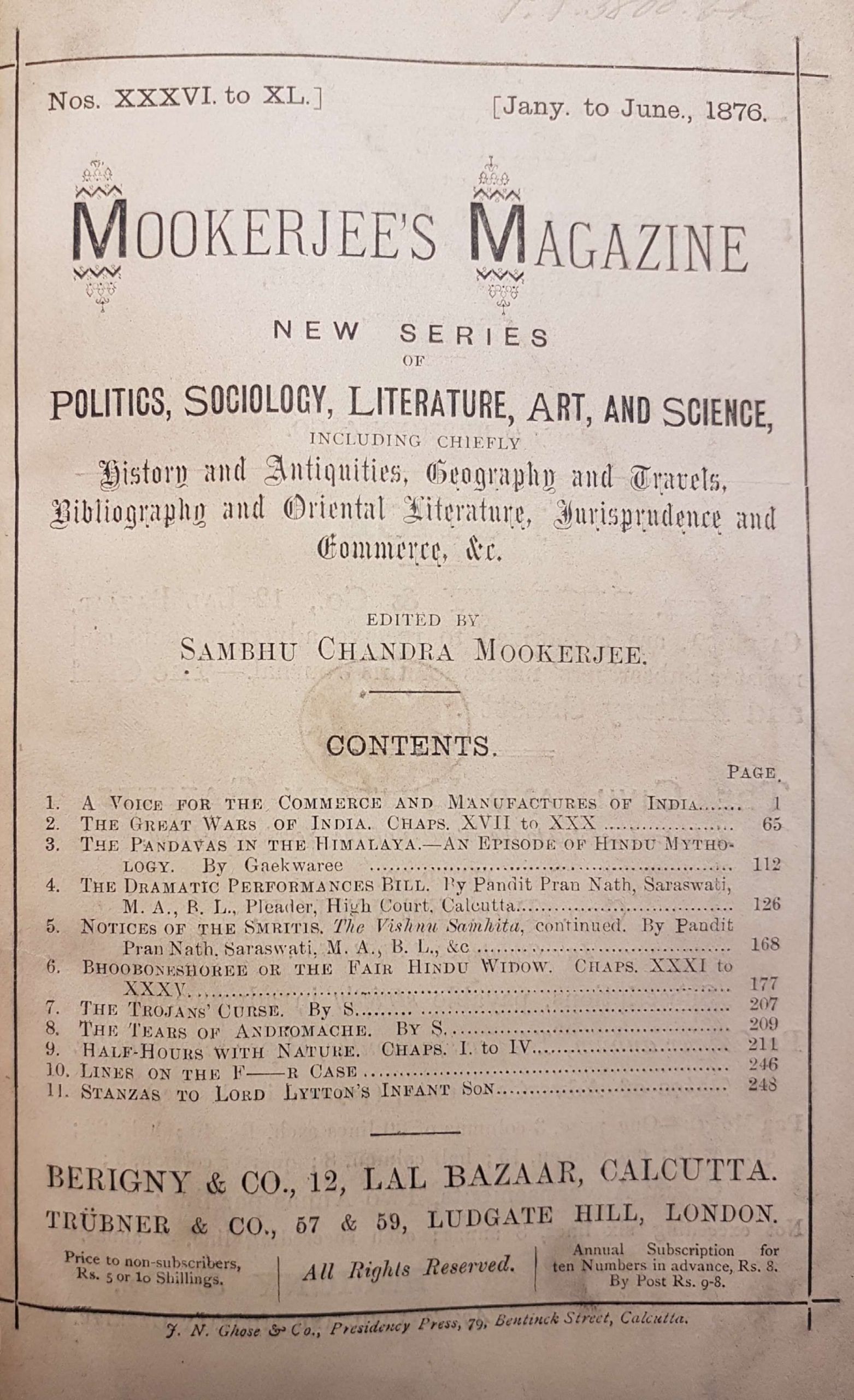Mookerjee's Magazine, Vol 5, 1876