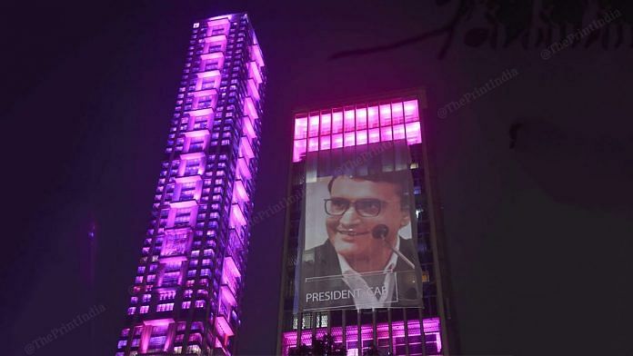 BCCI President Sourav Ganguly's photo flashes next to Kolkata's tallest building The 42 on the eve of India's first Test with the pink ball. | Photo: Ashok Nath Dey | ThePrint