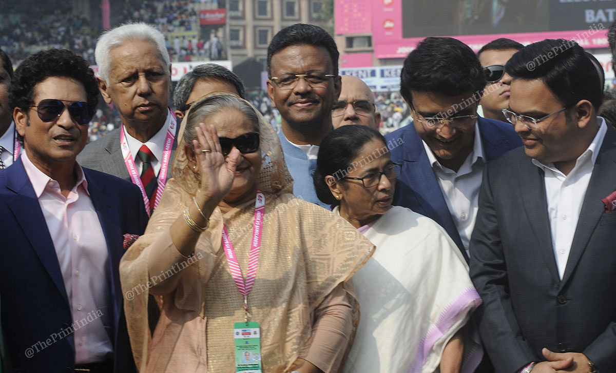 Left to right: Sachin Tendulkar, Sheikh Hasina Wajed, Mamata Banerjee, Sourav Ganguly and Jay Shah met the players before the historic game. | Photo: Ashok Nath Dey | ThePrint