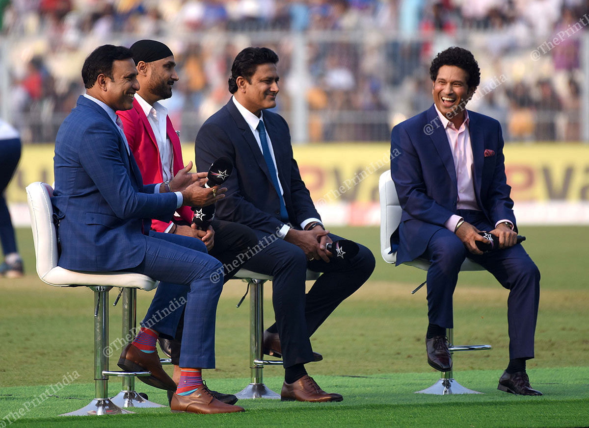 From left to right: VVS Laxman, Harbhajan Singh, Anil Kumble and Sachin Tendulkar recollect another historic test at Eden - India's famous win against Australia in 2002. "We've all got together for the first time since our playing days," said Anil Kumble. "Thanks to Dada (Sourav Ganguly) that we've had a pink-ball Test. Couldn't have been at a better place than Eden Gardens." | Photo: Ashok Nath Dey | ThePrint