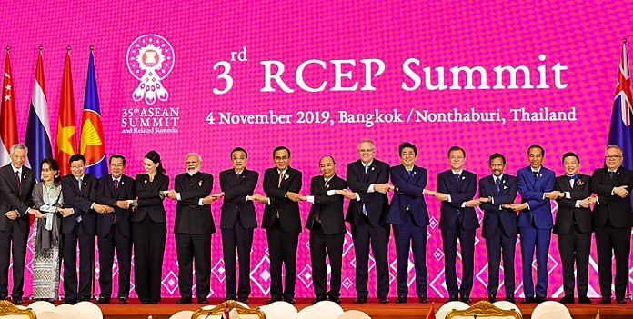 PM Narendra Modi in a group photo with other world leaders at the 3rd RCEP Summit in Bangkok, Thailand, Monday | PTI