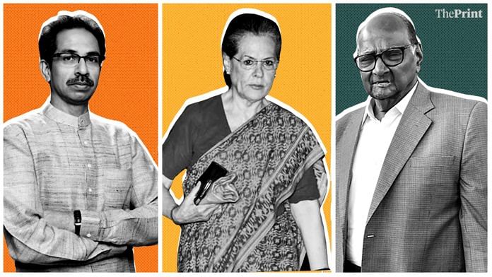 Uddhav Thackeray (left), Sonia Gandhi (center) and Sharad Pawar | ThePrint