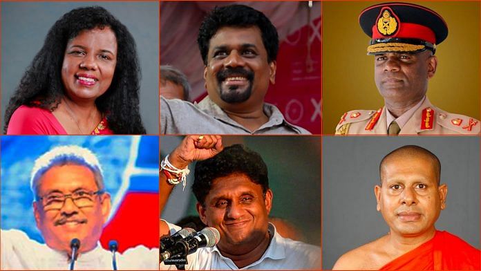Clockwise from top left: Ajantha Perera, Anura Kumara Dissanayake, Mahesh Senanayake, Battaramulle Seelarathana Thero, Sajith Premadasa & Gotabaya Rajapaksa | Facebook