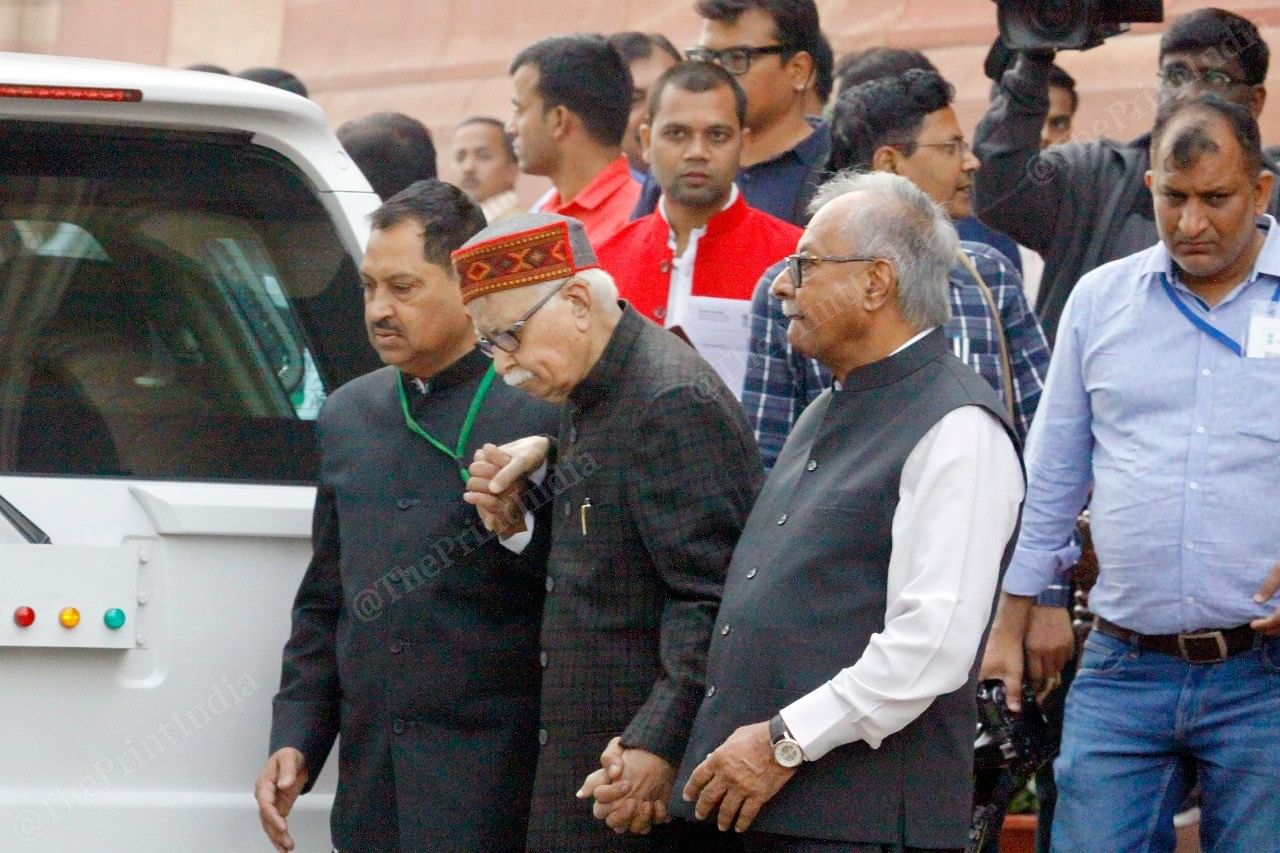 L.K. Advani outside Parliament, after paying his tributes to Indira Gaandhi
