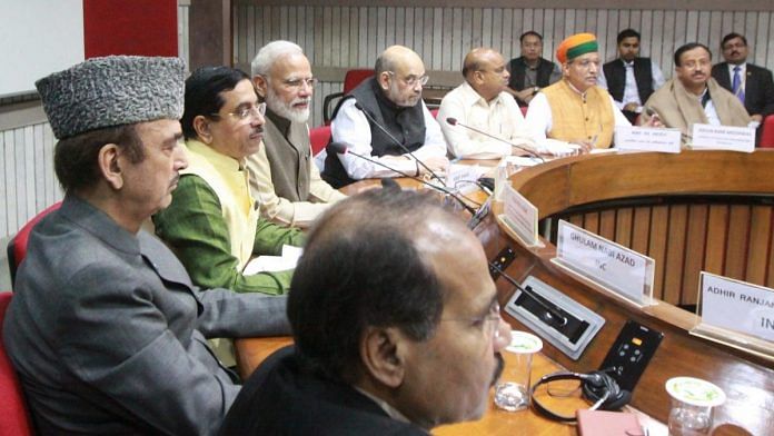 PM Narendra Modi, Home Minister Amit Shah, Parliamentary Affairs Minister Pralhad Joshi, Congress leader Ghulam Nabi Azad and others during an all-party meeting in New Delhi