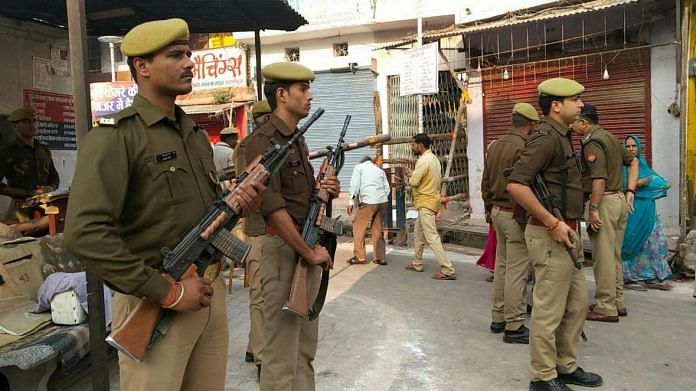 Police personnel on guard in Ayodhya ahead of the Supreme Court's verdict in the Ram Janambhoomi-Babri Masjid land dispute case, on 9 November 2019 | Prashant Srivastava | ThePrint