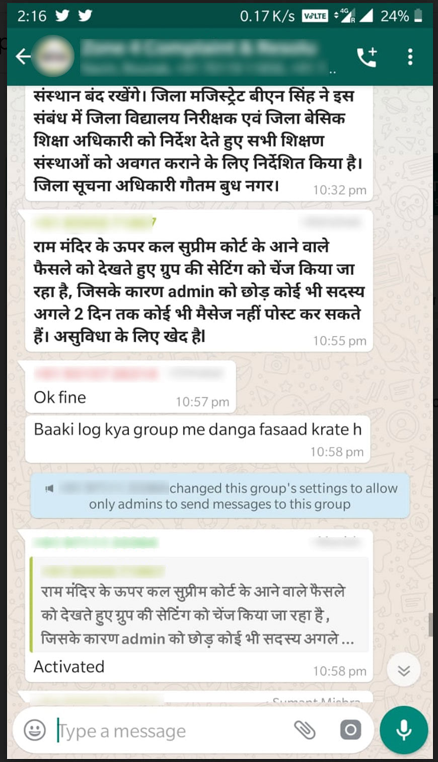 A screenshot from a colony WhatsApp group
