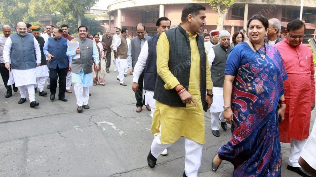 Union Ministers Amit Shah and Smriti Irani leave after BJP's parliamentary party meet | Photo: Praveen Jain | ThePrint
