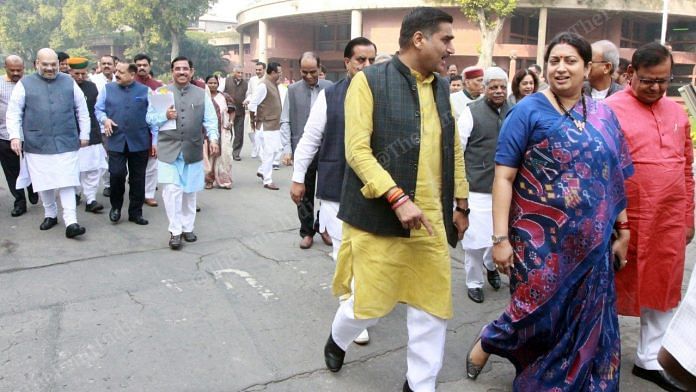 Union Ministers Amit Shah and Smriti Irani leave after BJP's parliamentary party meet | Photo: Praveen Jain | ThePrint