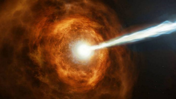 New observations from NASA's Hubble Space Telescope have investigated the nature of the powerful gamma-ray burst GRB 190114C by studying its environment. Shown in this illustration, gamma-ray bursts are the most powerful explosions in the universe. | Photo: NASA, ESA and M. Kornmesser