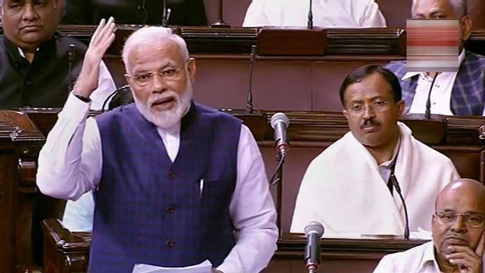 Prime Minister Narendra Modi speaks in the Rajya Sabha on the first day of the Winter Session of Parliament, in New Delhi, Monday, Nov. 18, 2019. | PTI