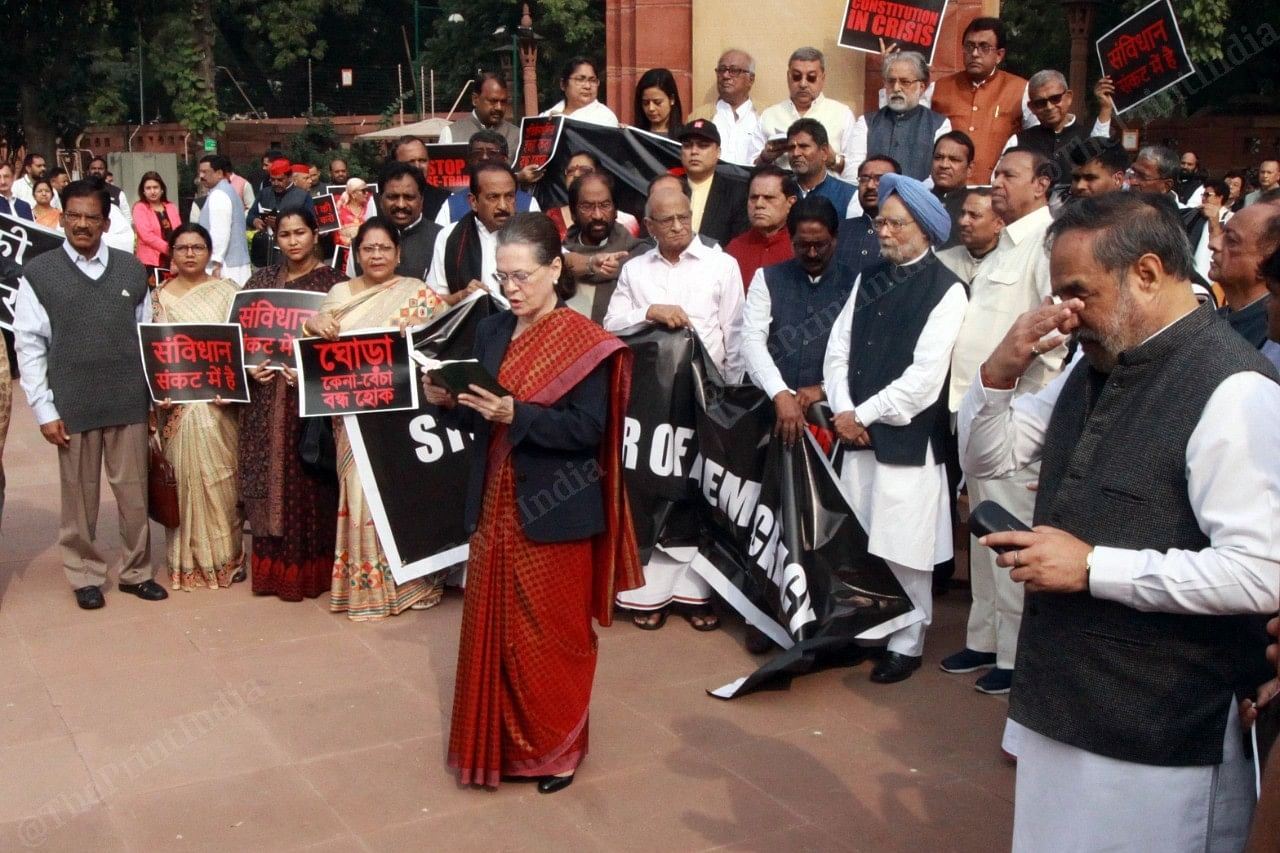 Congress leader Sonia Gandhi leads the protest in Parliament grounds. | Photo: Praveen Jain | ThePrint