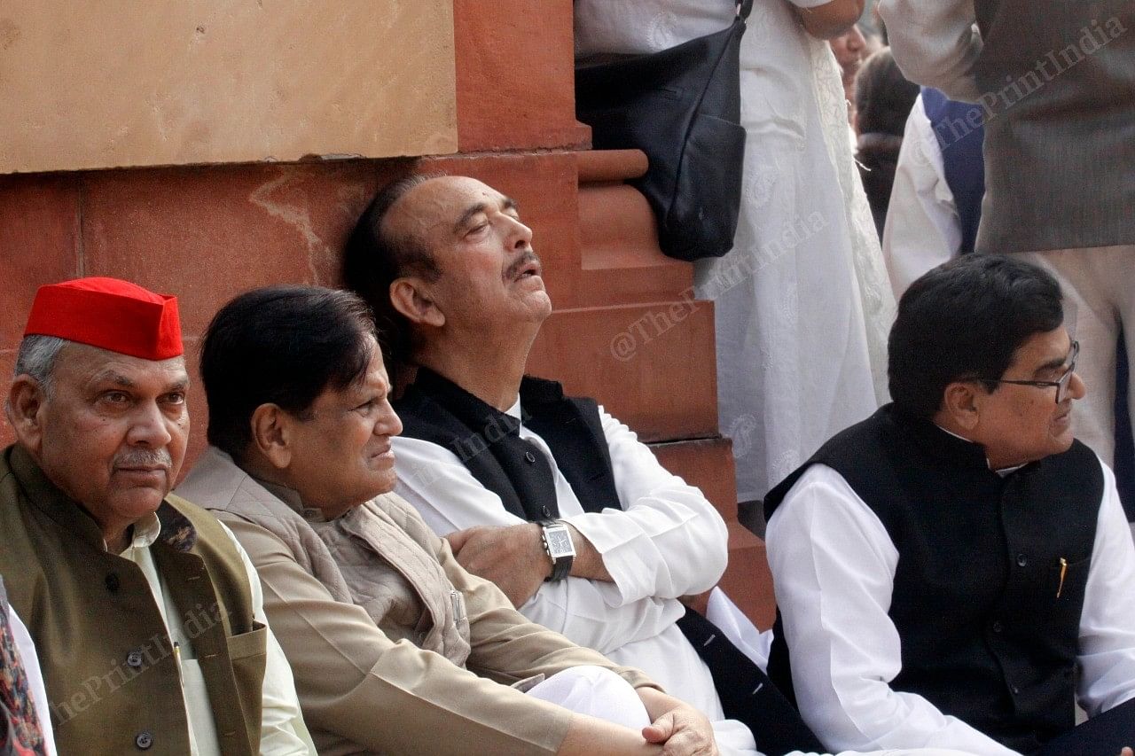Congress leader Ghulam Nabi Azad takes a break from protesting in the Parliament grounds. | Photo: Praveen Jain | ThePrint
