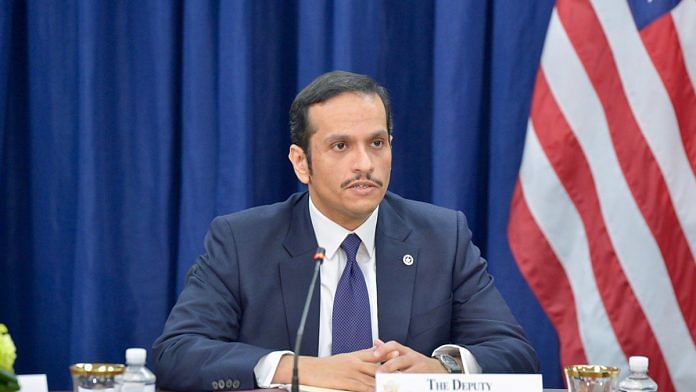 A photo of Qatar's Foreign Minister Sheikh Mohammed bin Abdulrahman al-Thani, at a press conference.