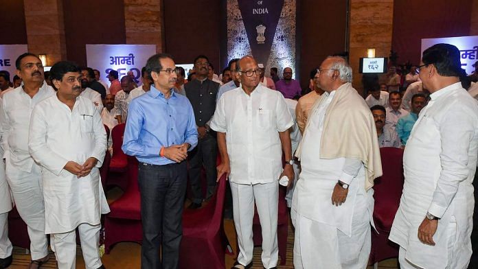 Uddhav Thackeray (L), Sharad Pawar(M) and Mallikarjun Kharge (R) during a gathering of NCP, Congress and Shiv Sena MLAs at Grand Hyatt Hotel in Mumbai on 25 November