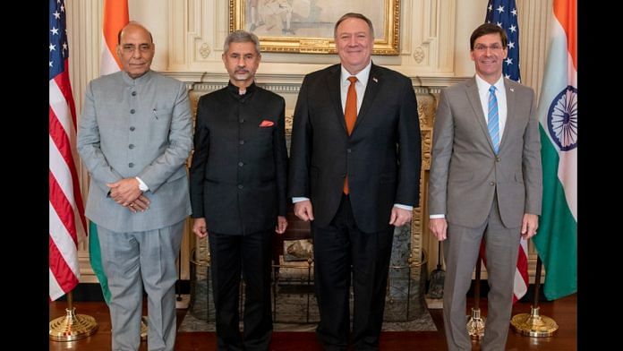 Defence Minister Rajnath Singh, Foreign Minister S. Jaishankar, US Secretary of State Mike Pompeo and Defence Secretary Mark Esper