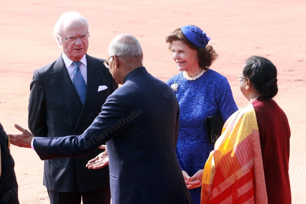 Queen Silvia, King Carl XVI Gustaf of Sweden received by President Ram Nath Kovind and First Lady of India Savita Kovind at Rashtrapati Bhavan