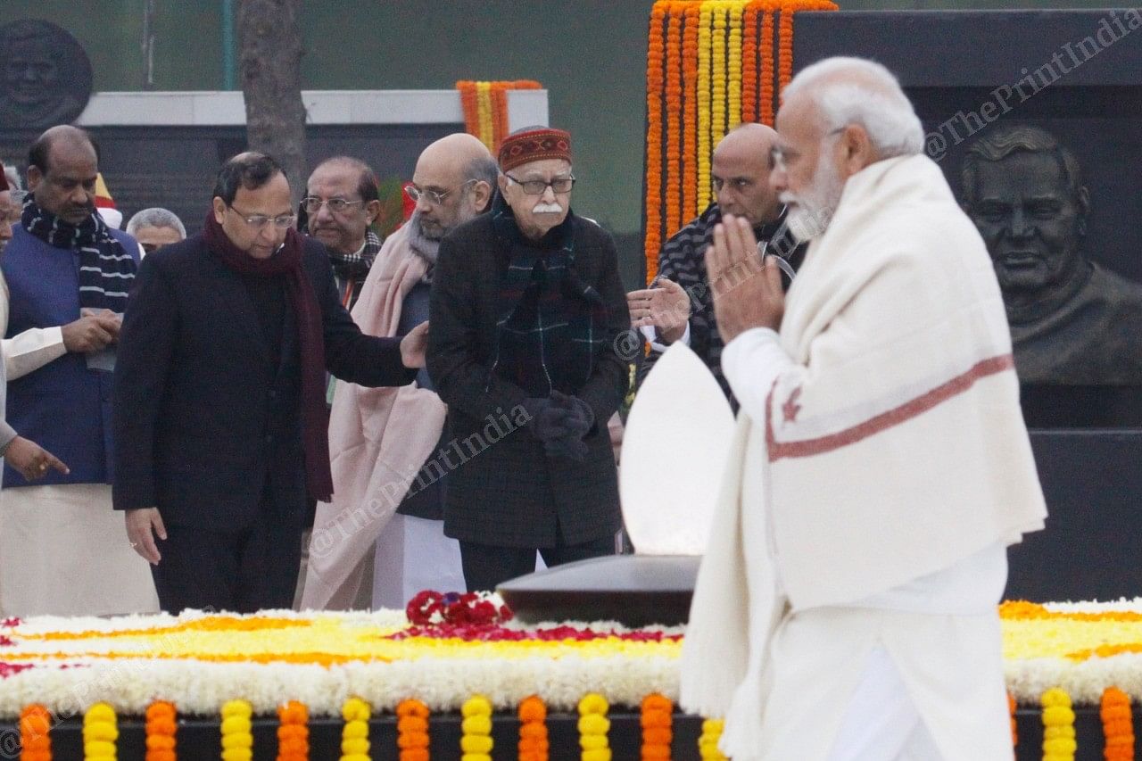 As PM Modi paid tribute to Atal Bihari Vajpayee, other leaders including L.K. Advani, Union Ministers Amit Shah and Rajnath Singh stand in queue | Photo: Praveen Jain | ThePrint