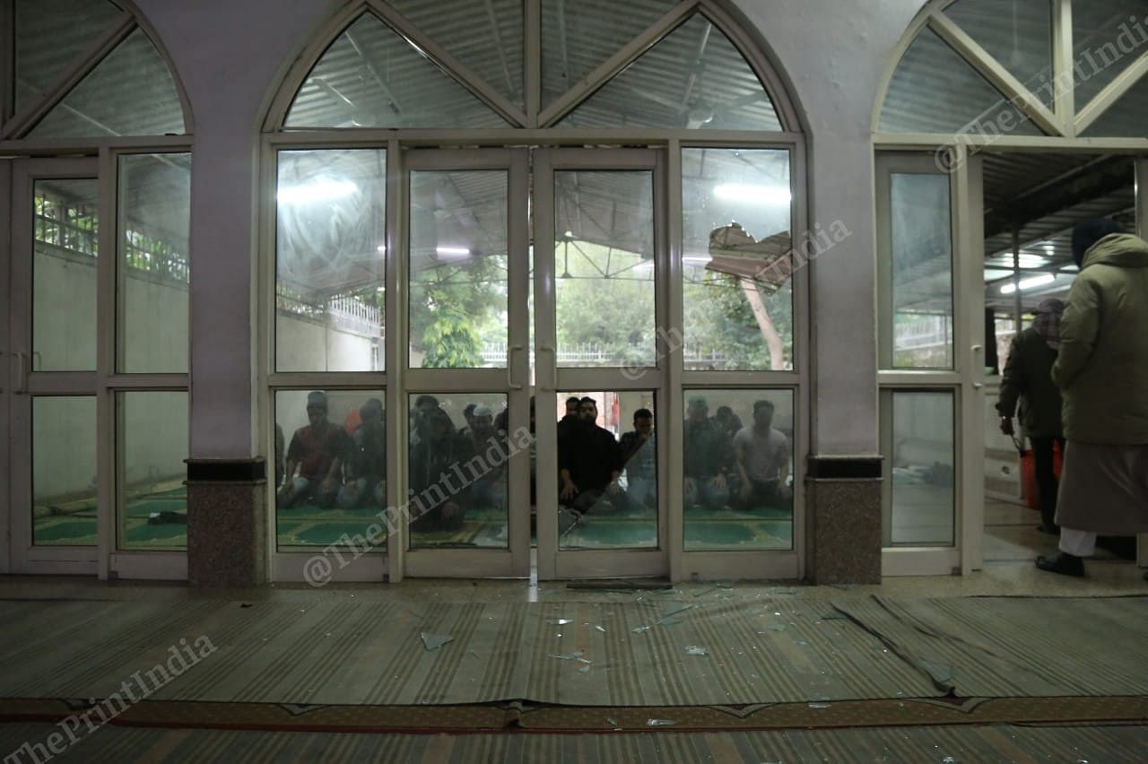 Students claim that police broke the windows of masjid inside campus | Photo: Manisha Mondal | ThePrint