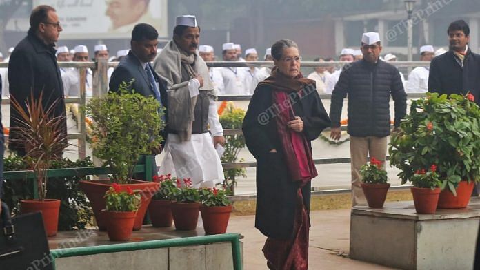 Congress chief Sonia Gandhi at the flag hoisting ceremony at the party headquarters in Delhi. | Photo: Suraj Singh Bisht | ThePrint