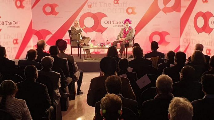 Shekhar Gupta in conversation with Union Minister Hardeep Singh Puri at ThePrint's Off The Cuff in New Delhi. | Photo: ThePrint
