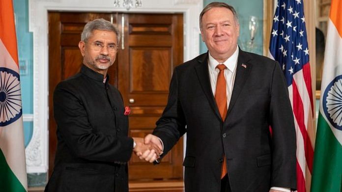 File Photo of External Affairs Minister S. Jaishankar and US Secretary of State Mike Pompeo at the 2+2 dialogue in Washington last year. | Photo: @SecPompeo | Twitter