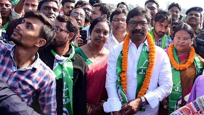 JMM chief Hemant Soren on his way to filing nomination papers from Dumka, Jharkhand, last month