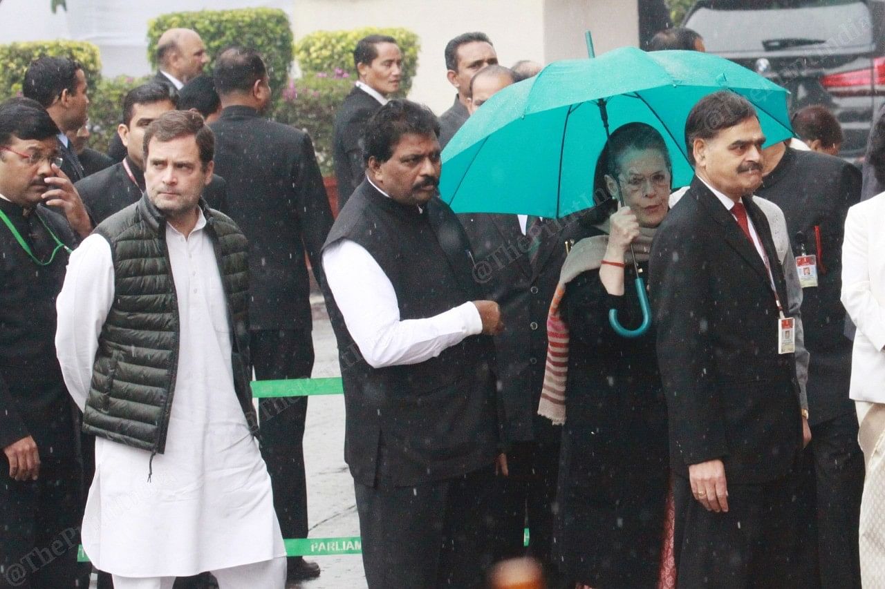 Congress leader Rahul Gandhi with Sonia Gandhi at the Parliament house