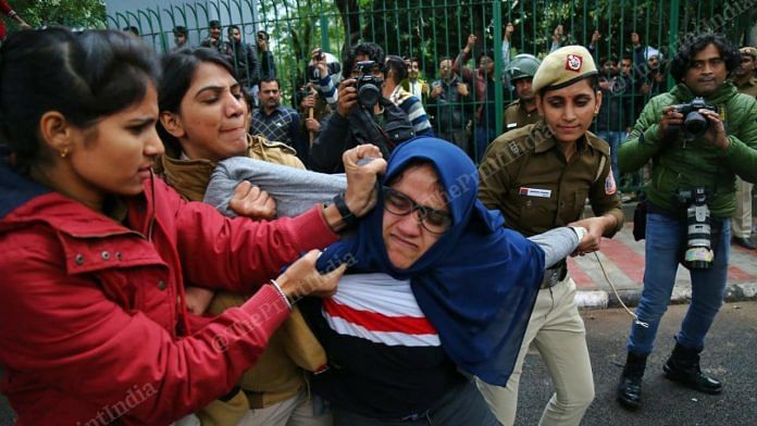 Protestors stopped at the Jamia Milia University gate | Photo: Suraj Singh Bisht