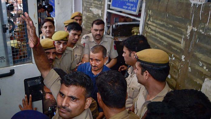 Kuldeep Singh Sengar being taken to Tihar jail after a hearing at Tis Hazari court in New Delhi on 5 August 2019 | Ravi Choudhary | PTI File Photo