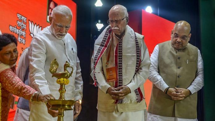 File image of BJP leaders (from left) Narendra Modi, L.K. Advani and Amit Shah at a 2019 function | Photo: PTI