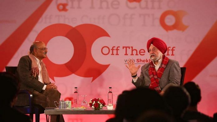 Union minister Hardeep Singh Puri (right) with ThePrint's Editor-in-Chief Shekhar Gupta at the Off The Cuff event |