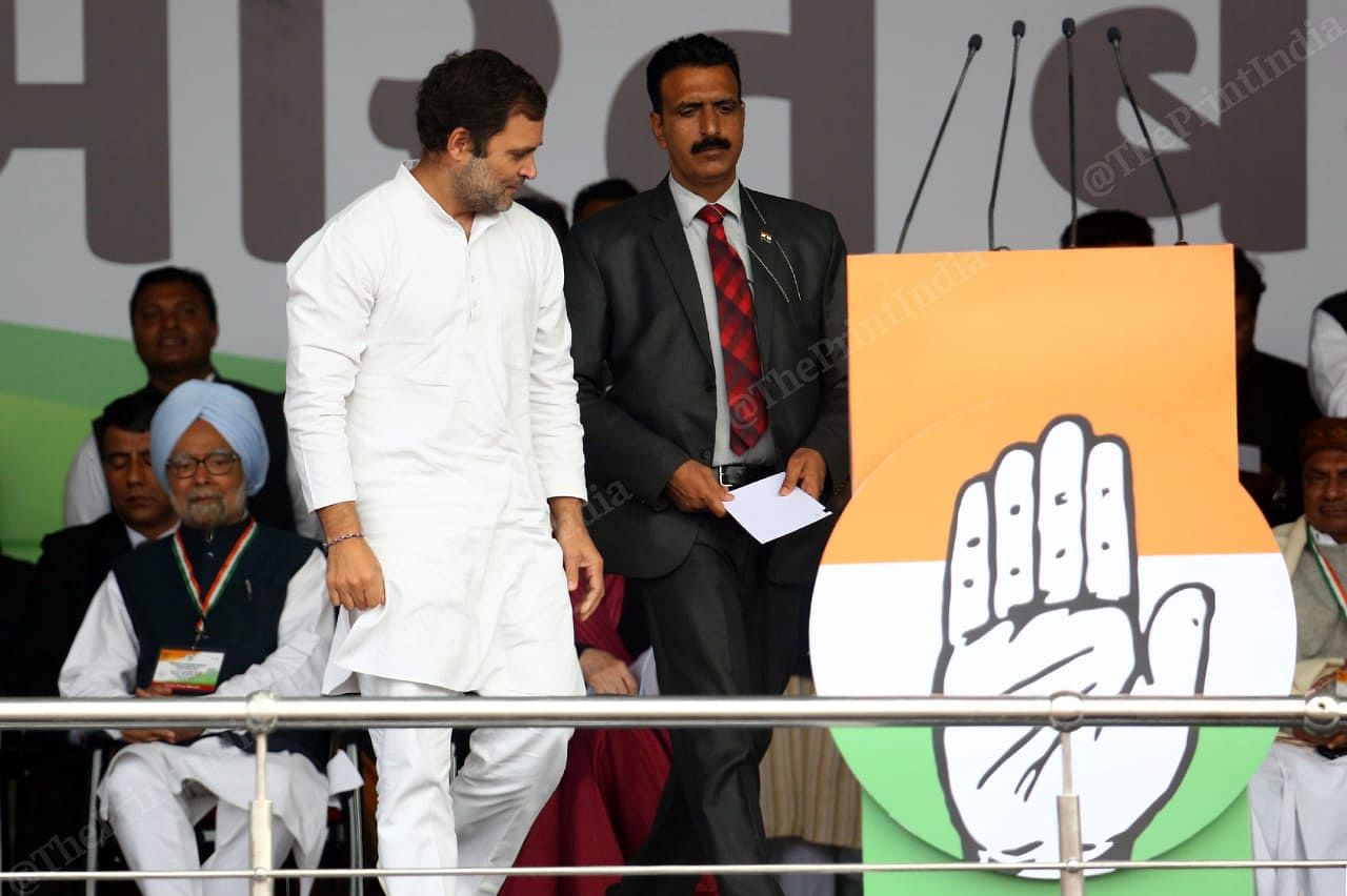 Rahul Gandhi moves to the podium for addressing the rally | Photo: Praveen Jain | ThePrint