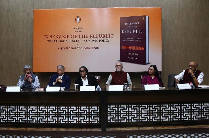 (L-R) Rajiv Lall, Vijay Kelkar, Shubhashis Gangopadhyay, Ajay Shah, Puja Mehra, and Shekhar Gupta at the book launch. | Photo: Suraj Singh Bisht | ThePrint