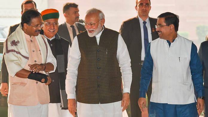 Prime Minister Narendra Modi with Union Parliamentary Affairs Minister Pralhad Joshi, MoS Arjun Ram Meghwal arrives for the BJP Parliamentary Party meeting, at Parliament House in New Delhi. | PTI