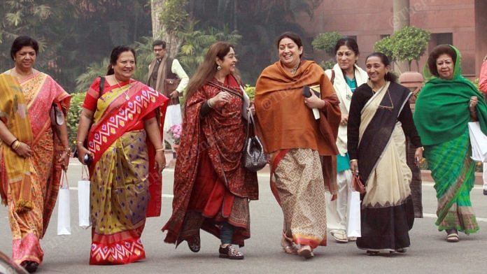 Women MPs of BJP come out of Parliamentary meeting. From left to right Ranjanben Dhananjay Bhatt, Darshana Vikram Jardosh, Kirron Kher, Smriti Irani, Roopa Ganguly, Bharati Dhirubhai Shyal and Mala Rajya Laxmi Shah